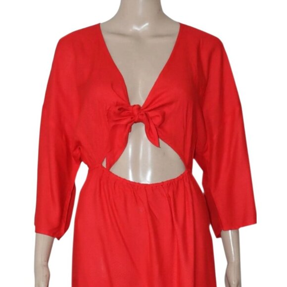 By Anthropologie Tie-Front Cover-Up Dress V Neck Red Long Slit Midi XXS - Picture 4 of 11